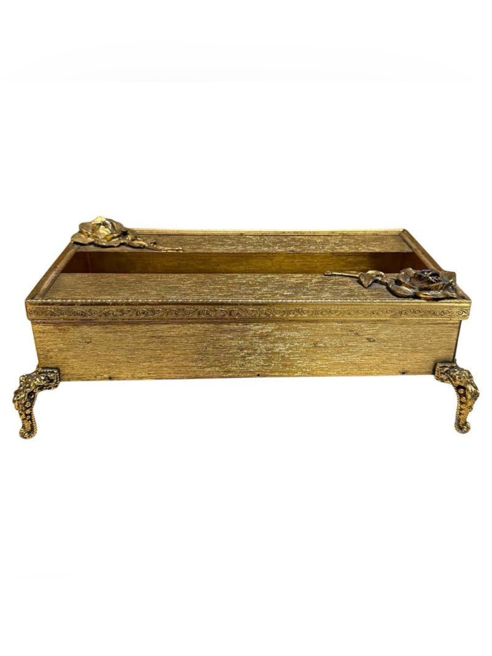 VTG, 1960s Regency Hollywood Gold Vanity Brass Tissue Box  Red Velvet Interior